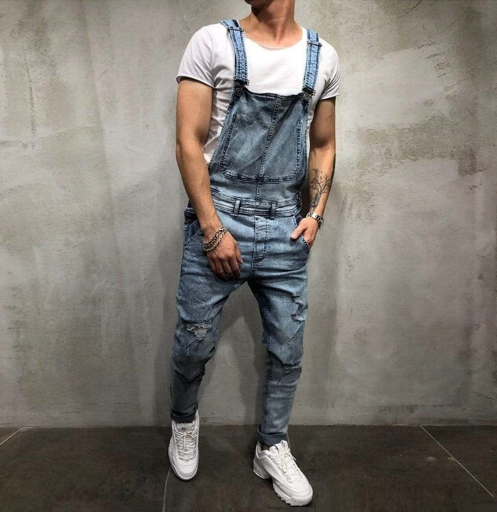 Ripped Denim Jumpsuit Jeans for Men. Blue & Black color CIRCUS STORE