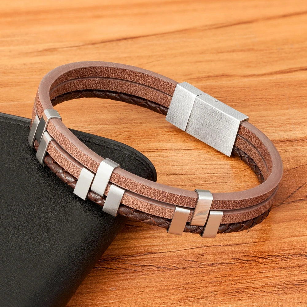 Stainless Steel Men's Leather Bracelet