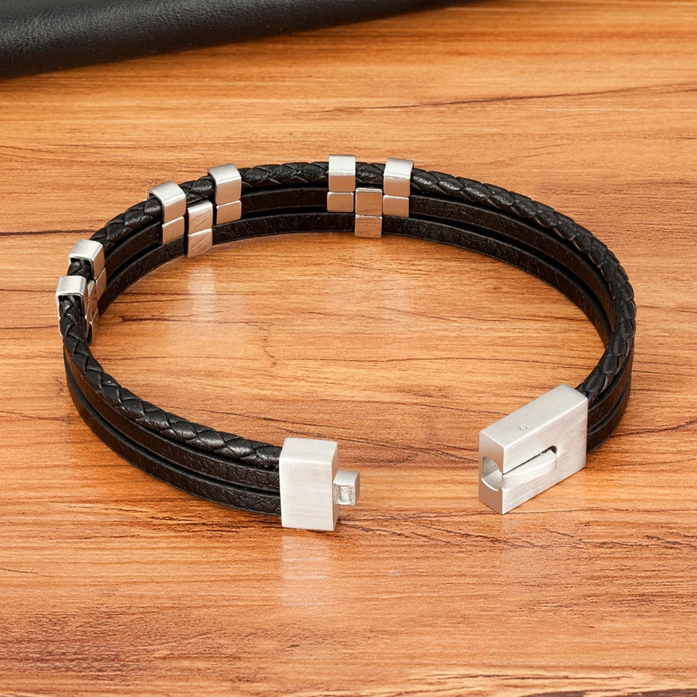 Stainless Steel Men's Leather Bracelet