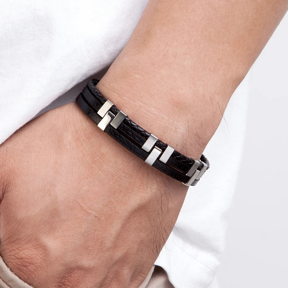 Stainless Steel Men's Leather Bracelet