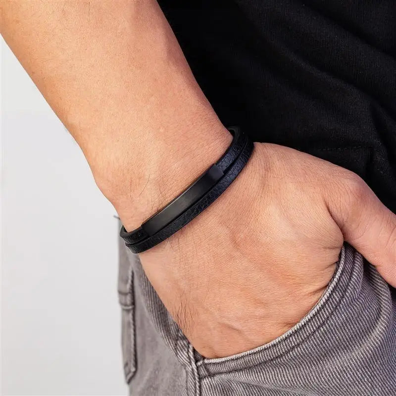 Black Leather Bracelet for Men