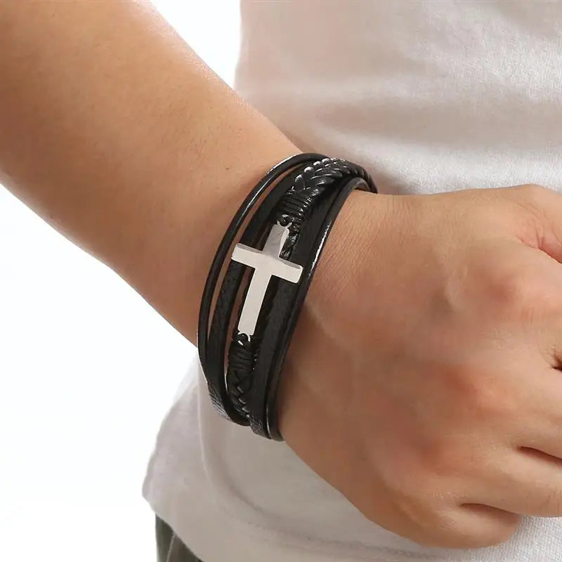 Cross Stainless Steel Leather, Men Bracelet