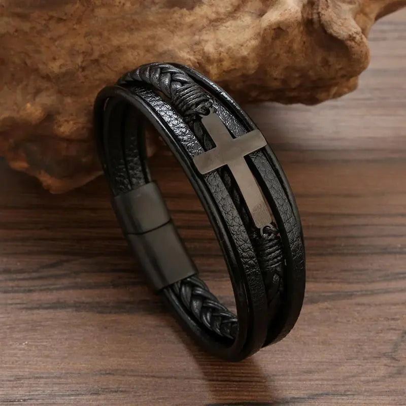 Cross Stainless Steel Leather, Men Bracelet