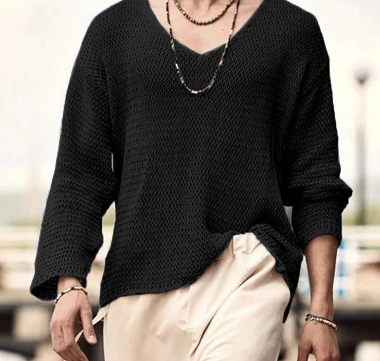 Men T Shirt Solid Color Knitted V Neck