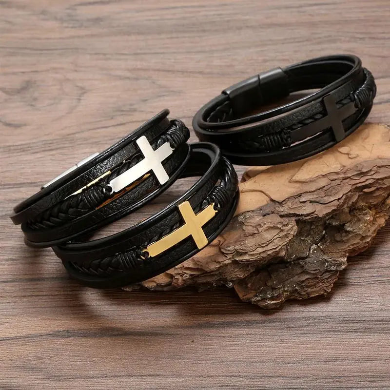 Cross Stainless Steel Leather, Men Bracelet