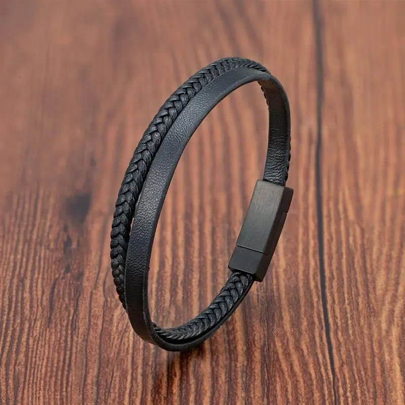 Black Leather Bracelet for Men