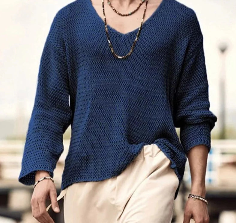 Men T Shirt Solid Color Knitted V Neck