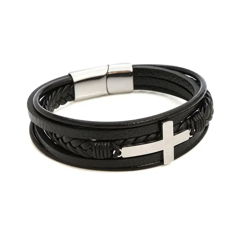 Cross Stainless Steel Leather, Men Bracelet